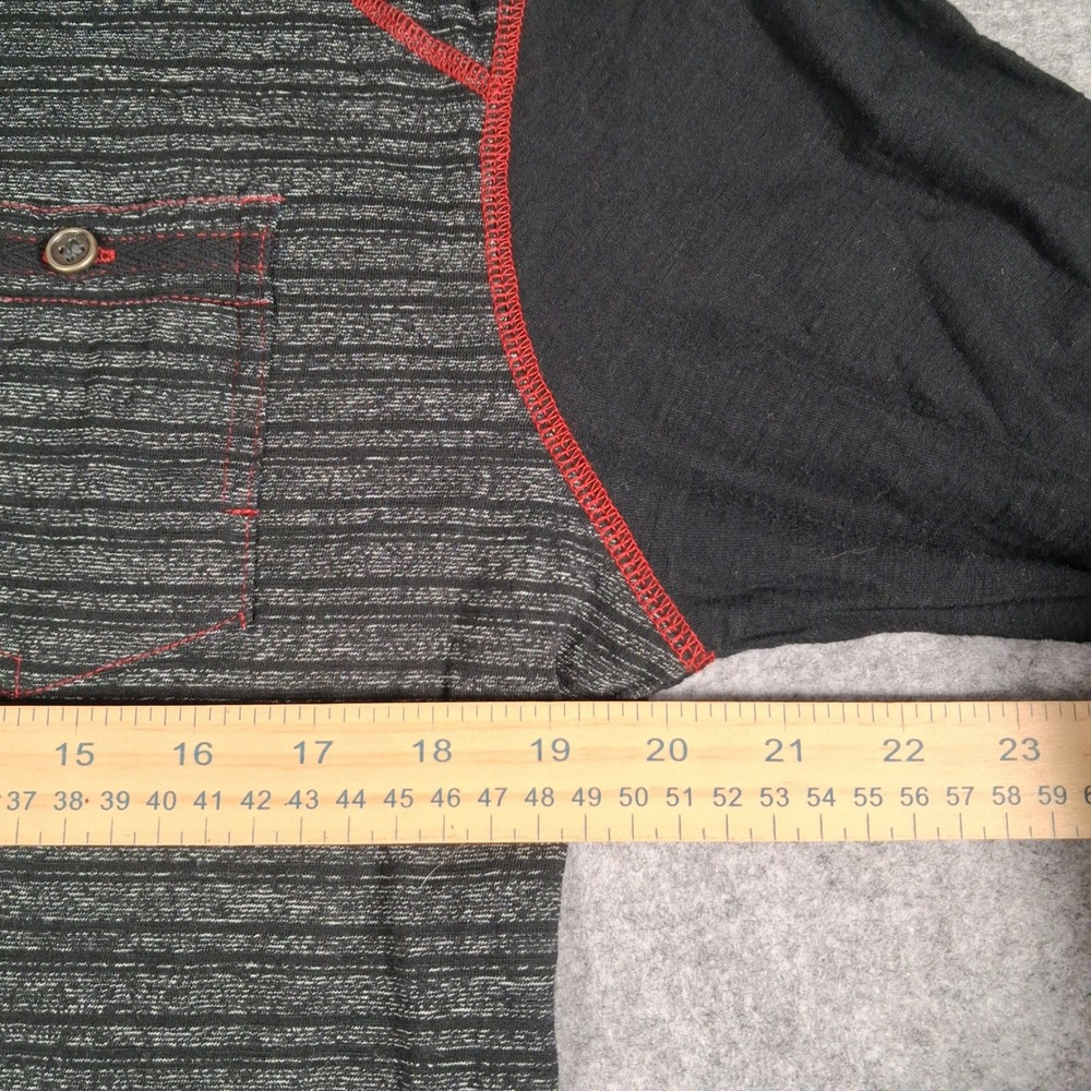 Distortion Henley Shirt Men Large Black Striped Long Sleeve Red Stitching Pocket - Picture 4 of 7